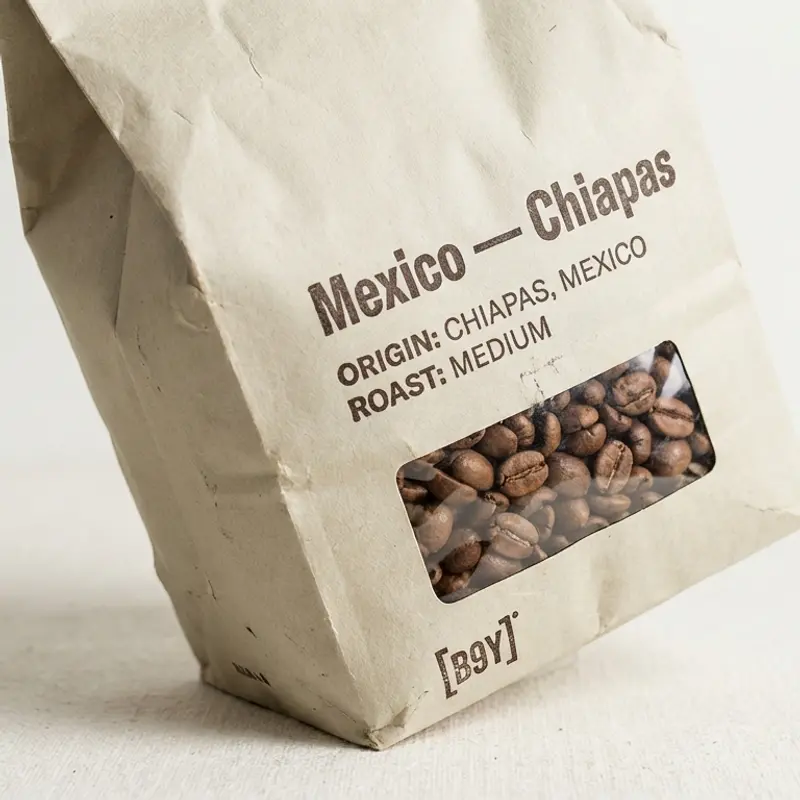 Specialty coffee bag labeled 'Mexico - Chiapas' from Chiapas, Mexico with medium roast level.