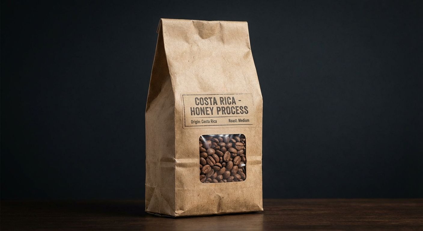 Photograph of a specialty coffee bag labeled 'Costa Rica - Honey Process' with medium roast level, set against a near-black background.