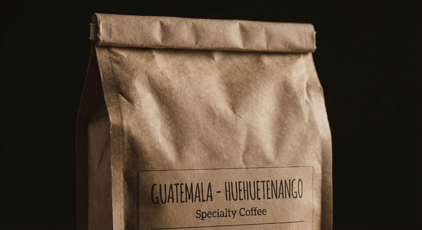 Specialty coffee bag labeled 'Guatemala - Huehuetenango' with a near-black background.