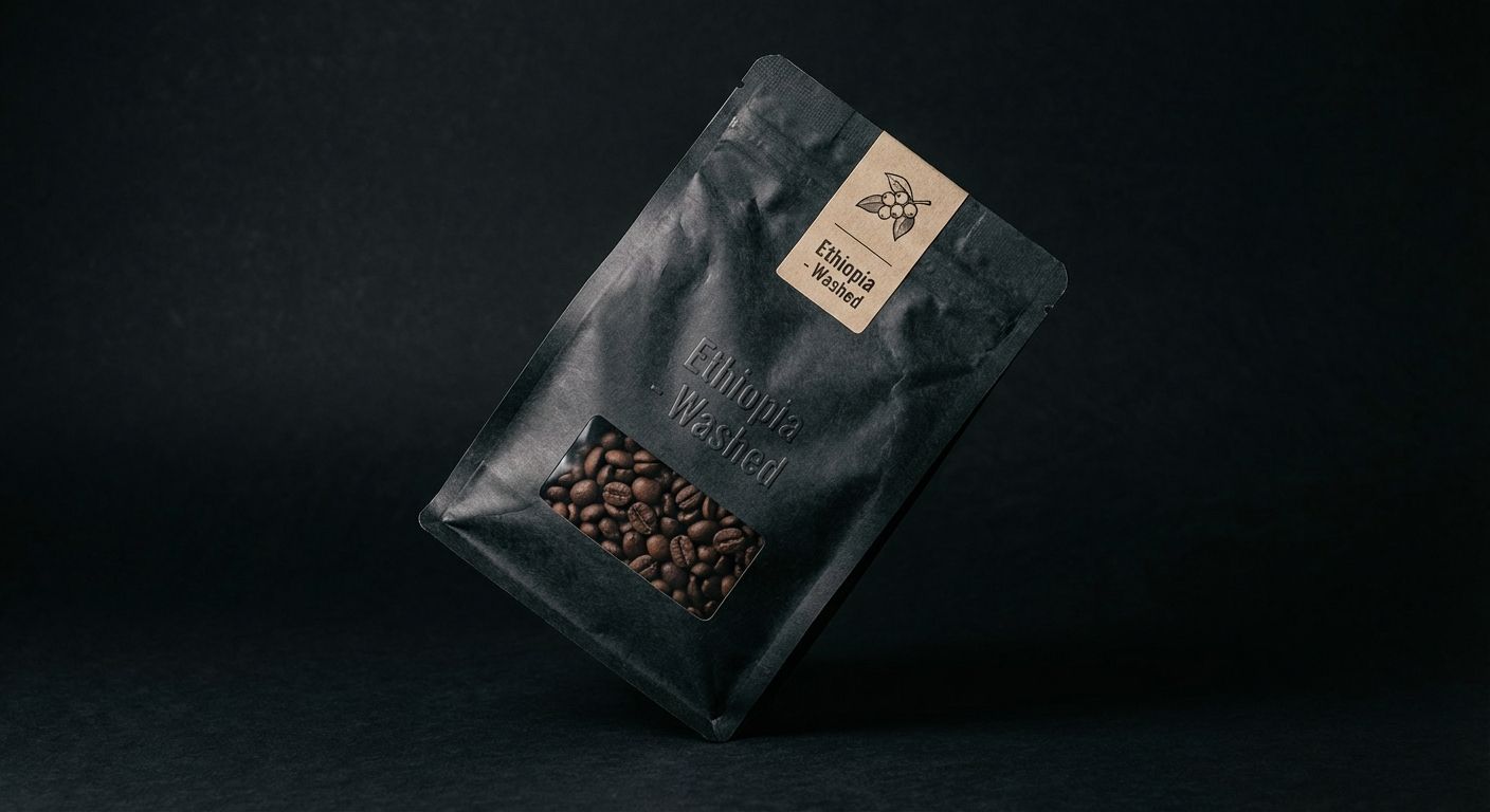 Photograph of a specialty coffee bag labeled 'Ethiopia - Washed' with a near-black background and diffused lighting.
