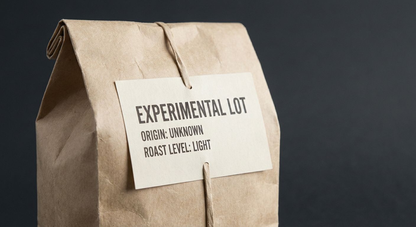 Specialty coffee bag with 'Experimental Lot' label, light roast, on a near-black background.