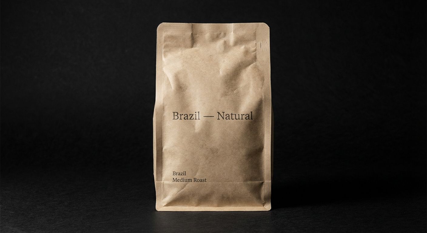 Specialty coffee bag labeled 'Brazil — Natural' with medium roast level.