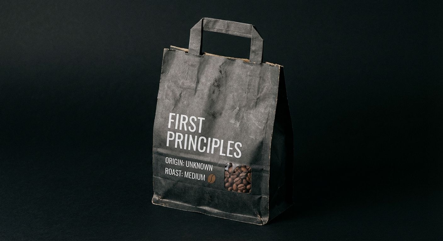 Photograph of a specialty coffee bag named 'First Principles' with a medium roast level.