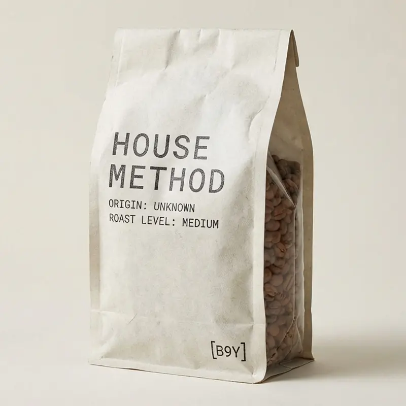 Photograph of a specialty coffee bag labeled 'House Method', medium roast, with a bone background.