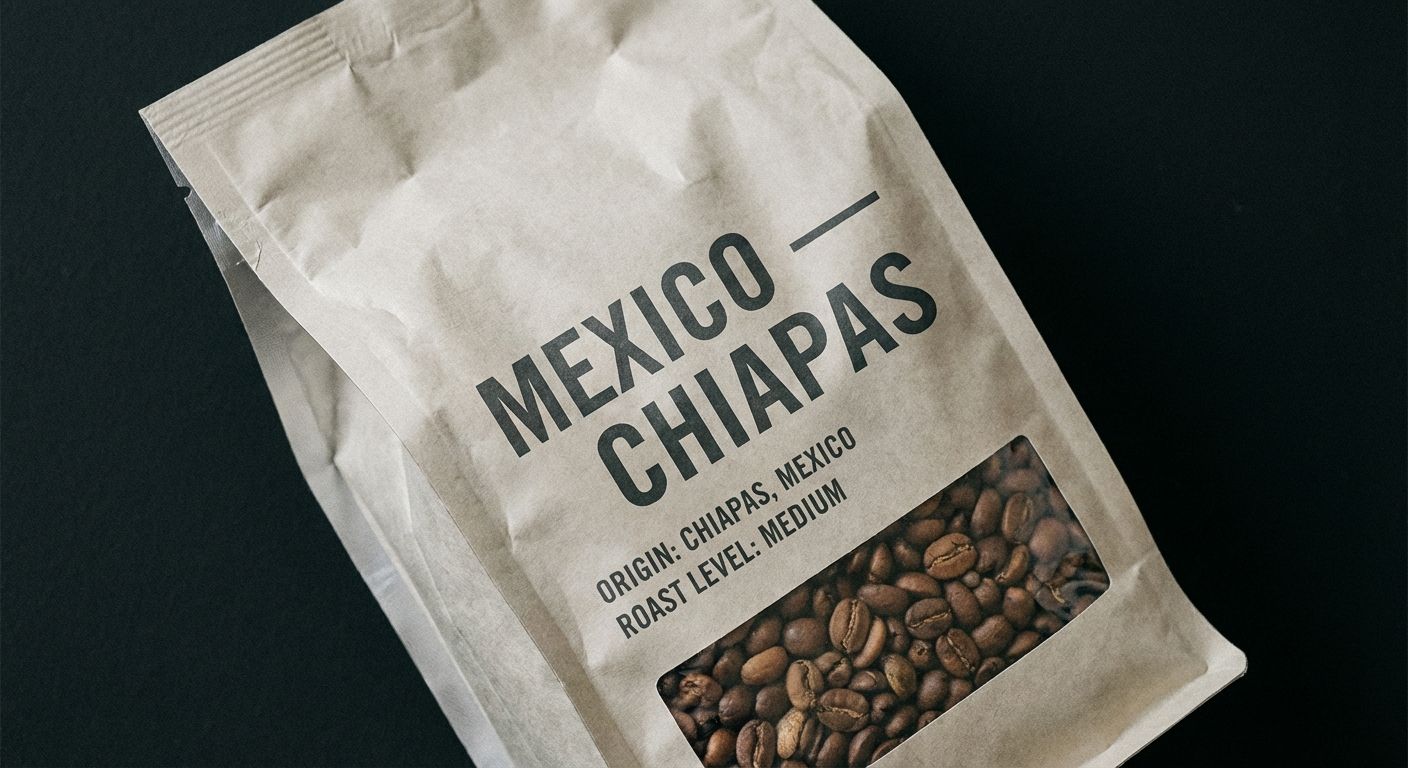 Specialty coffee bag labeled 'Mexico - Chiapas' with medium roast level, set against a near-black background.