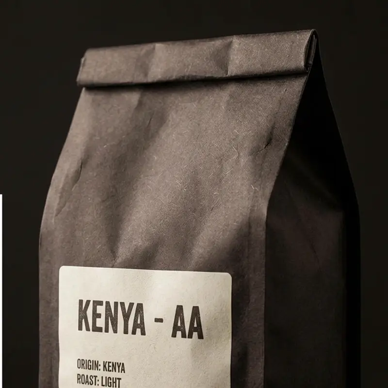 Photograph of a specialty coffee bag labeled 'Kenya - AA' with a light roast from Kenya.