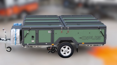 An Opus all-road folding camper trailer
