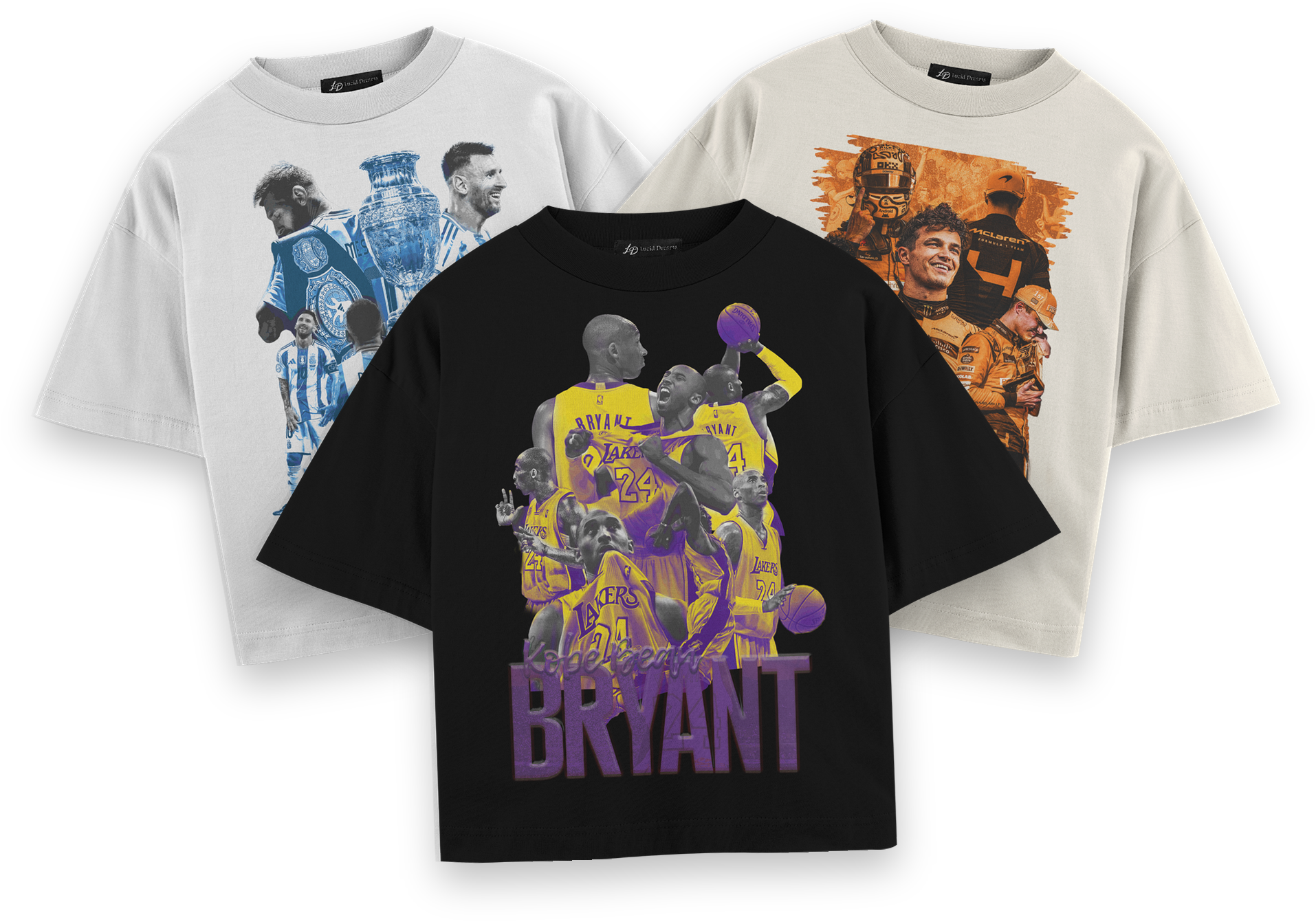 Three LD Custom tees in a pile: Kobe Bryant in Black in front, Lionel Messi in White and Lando Norris in Off White behind