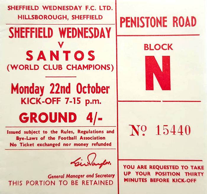 Pele's first match in England.
22/10/62 Sheffield Wednesday v Santos 2-4 (att 49.058)