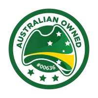 Australian Owned certification badge, licence number 00636, with a green and gold map of Australia
