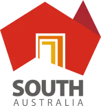 Brand South Australia logo, a red map of South Australia containing an open doorway