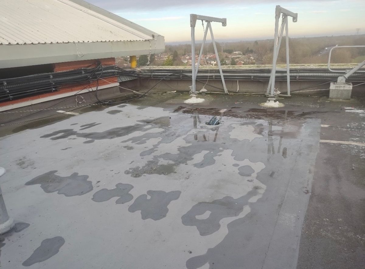 Standing water across the flat roof before repairs