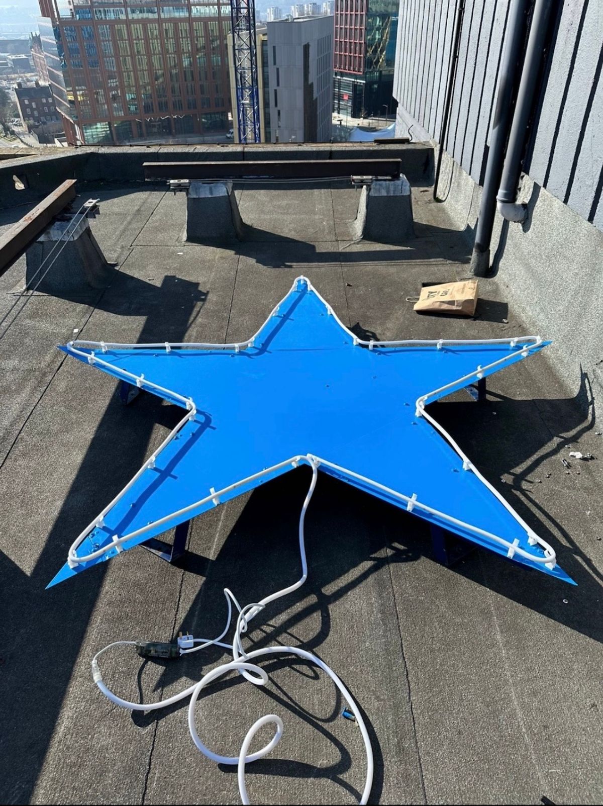 Newcastle Breweries Blue Star following repainting and installation of new LED lighting at the Sandman Signature Newcastle Hotel.