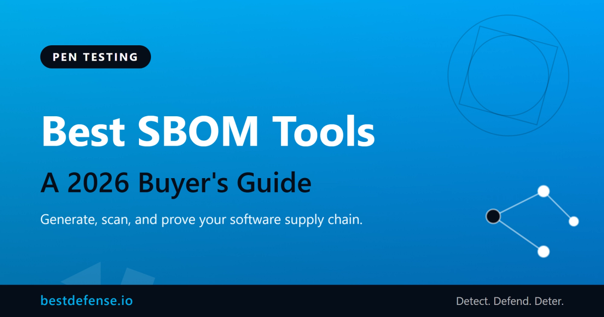 Best SBOM Tools 2026 buyer's guide cover with a PEN TESTING badge and a software supply chain dependency graph on a BestDefense blue background