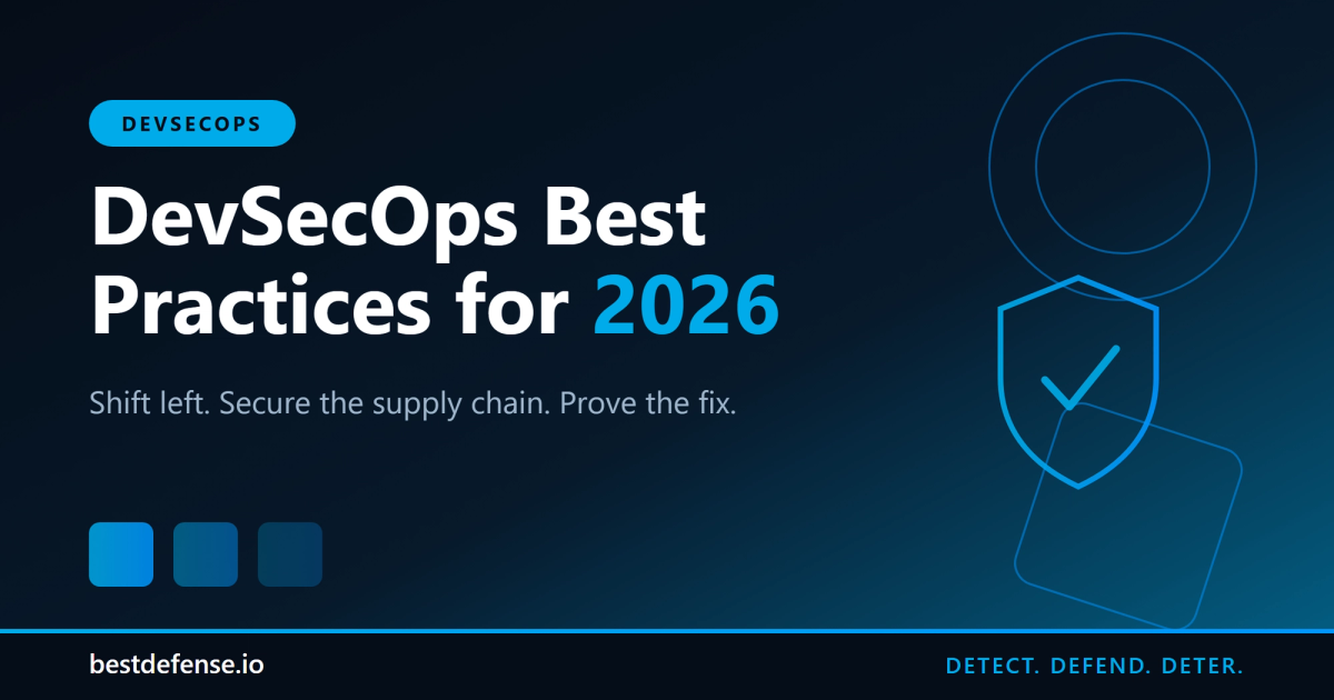 DevSecOps best practices for 2026 illustrated with a CI/CD pipeline and security shield on a dark BestDefense background