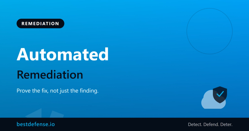 Automated vulnerability remediation guide showing a proven exploit path flowing into a generated code fix and a retest loop on a dark BestDefense blue background