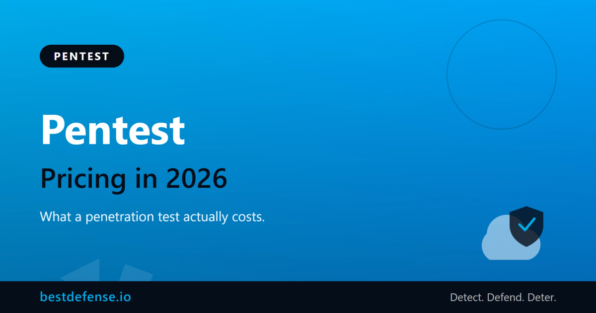 2026 penetration testing cost guide showing a pricing breakdown by test type, scope tiers, and a vendor quote checklist on a dark BestDefense background