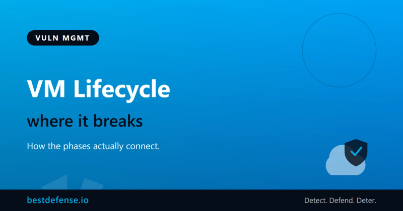 The vulnerability management lifecycle shown as connected phases with a broken handoff highlighted, on a dark BestDefense background