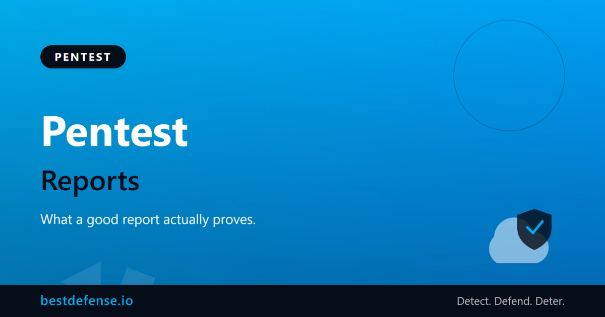 Anatomy of a good penetration testing report showing an executive summary, a reproducible finding with evidence, and a retest validation status on a dark BestDefense background