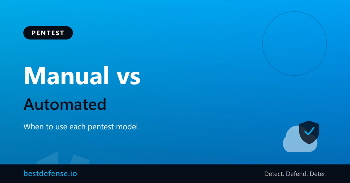 Split-screen diagram comparing a scheduled manual pentest report cycle against a continuous automated testing loop on a dark BestDefense blue background