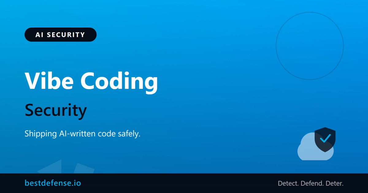 Vibe coding security illustrated with an AI code editor and a security gate on a dark BestDefense background