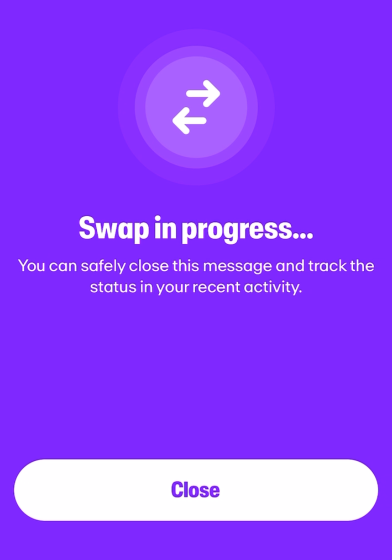 A screenshot of a MoonPay Swap in progress.