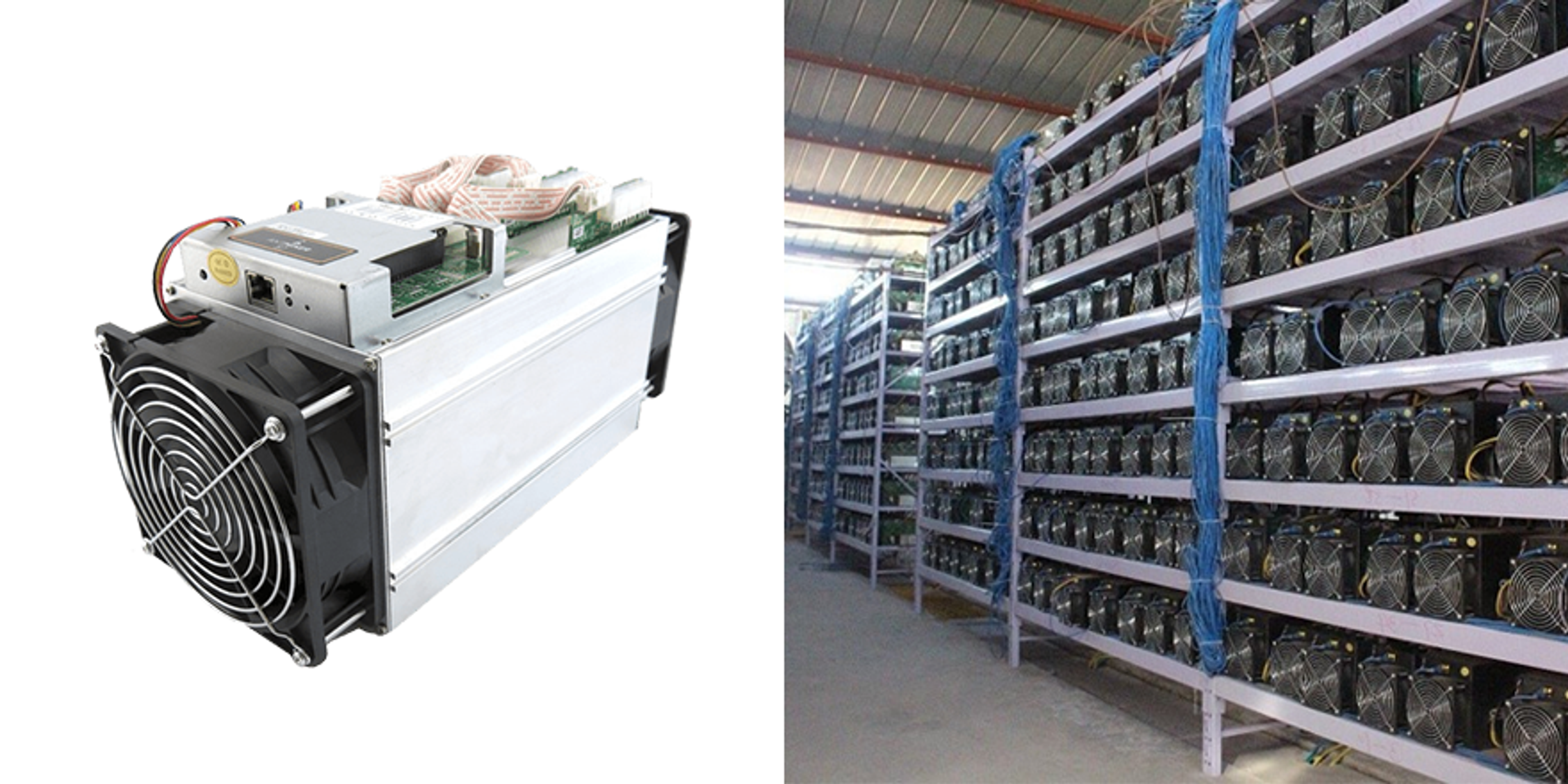 Collage of an ASIC miner and ASIC miner farm.