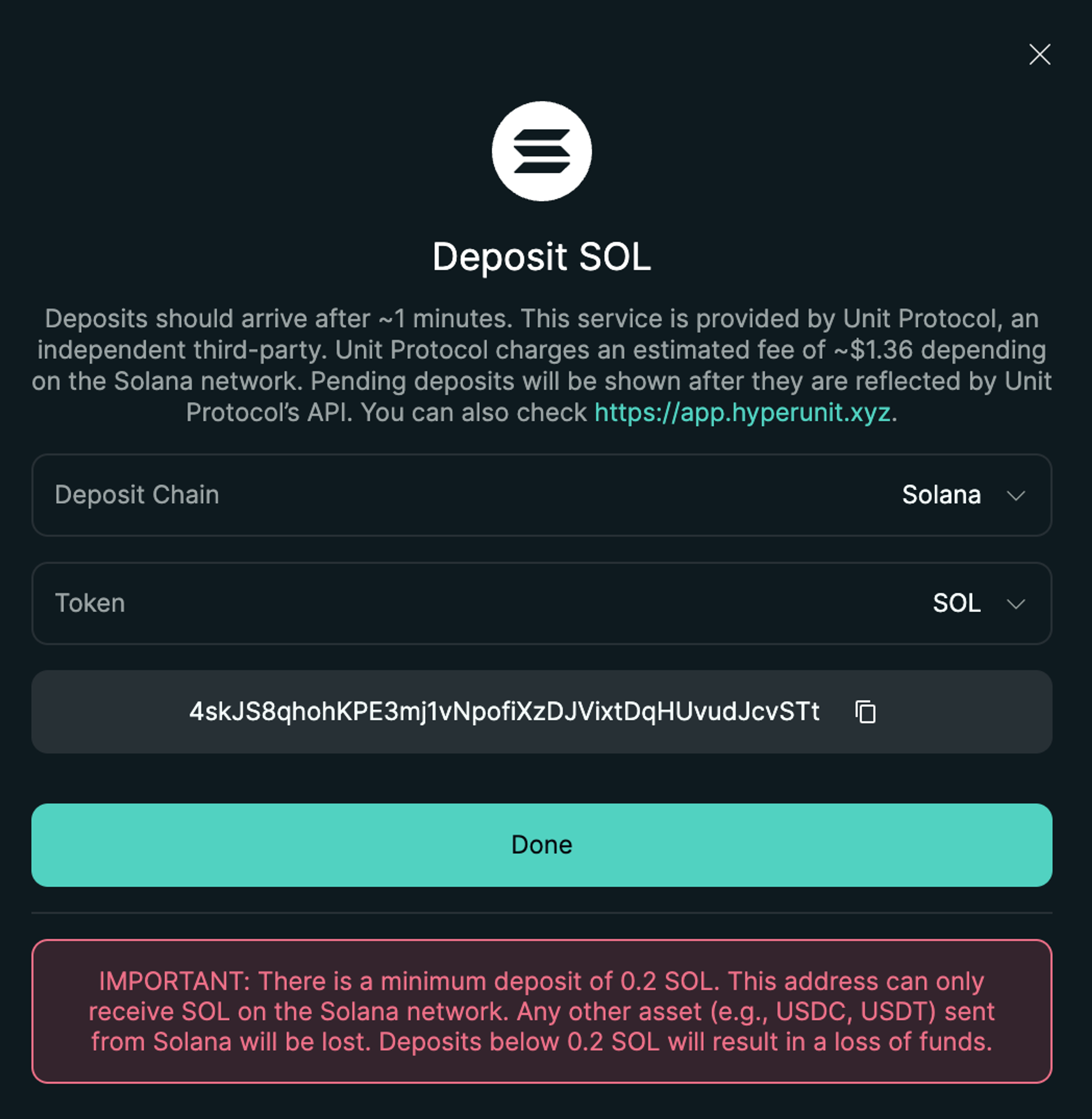 A warning screen on Hyperliquid when depositing non-USDC assets like Solana