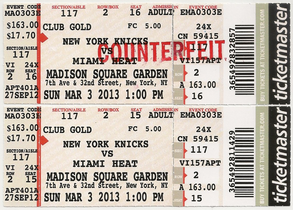 A picture of counterfeit tickets.