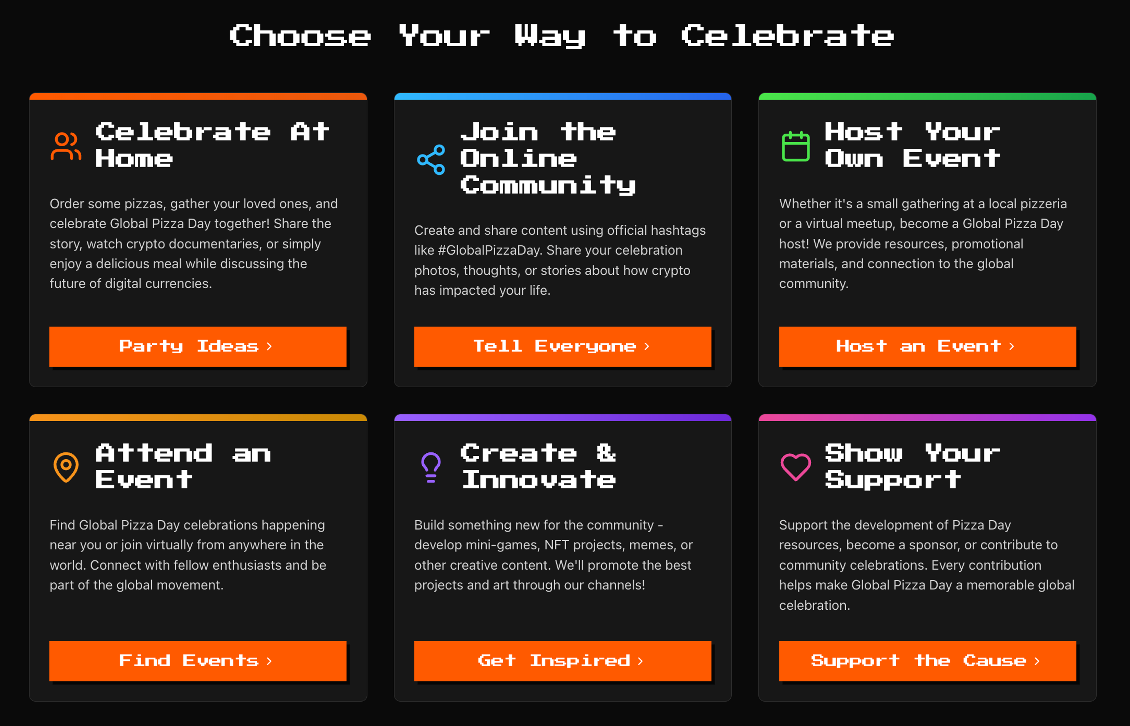 A screenshot from Pizza.Day showing ways to celebrate Bitcoin Pizza Day around the world.