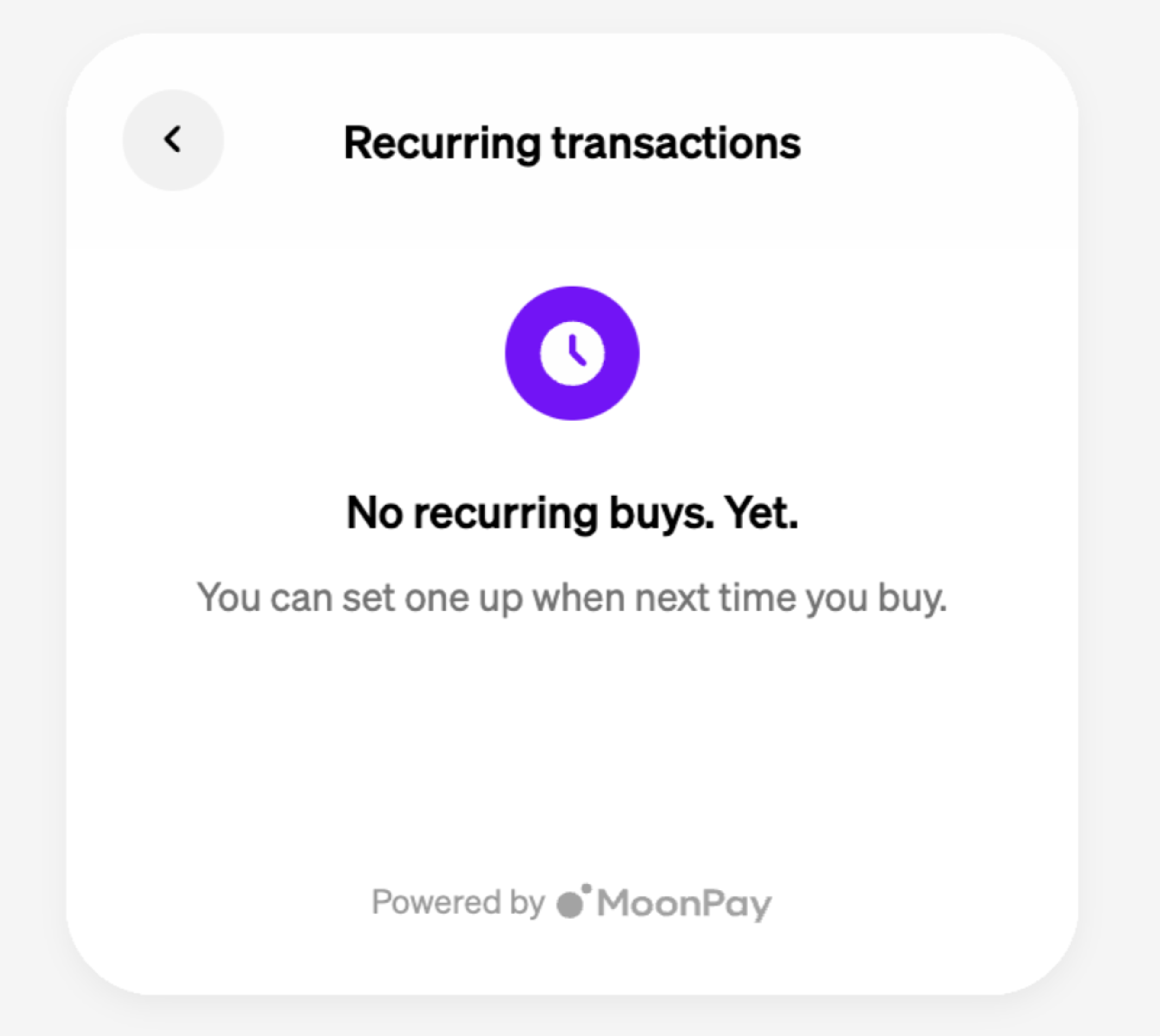 A screenshot showing the MoonPay app before making a first purchase via recurring buys.
