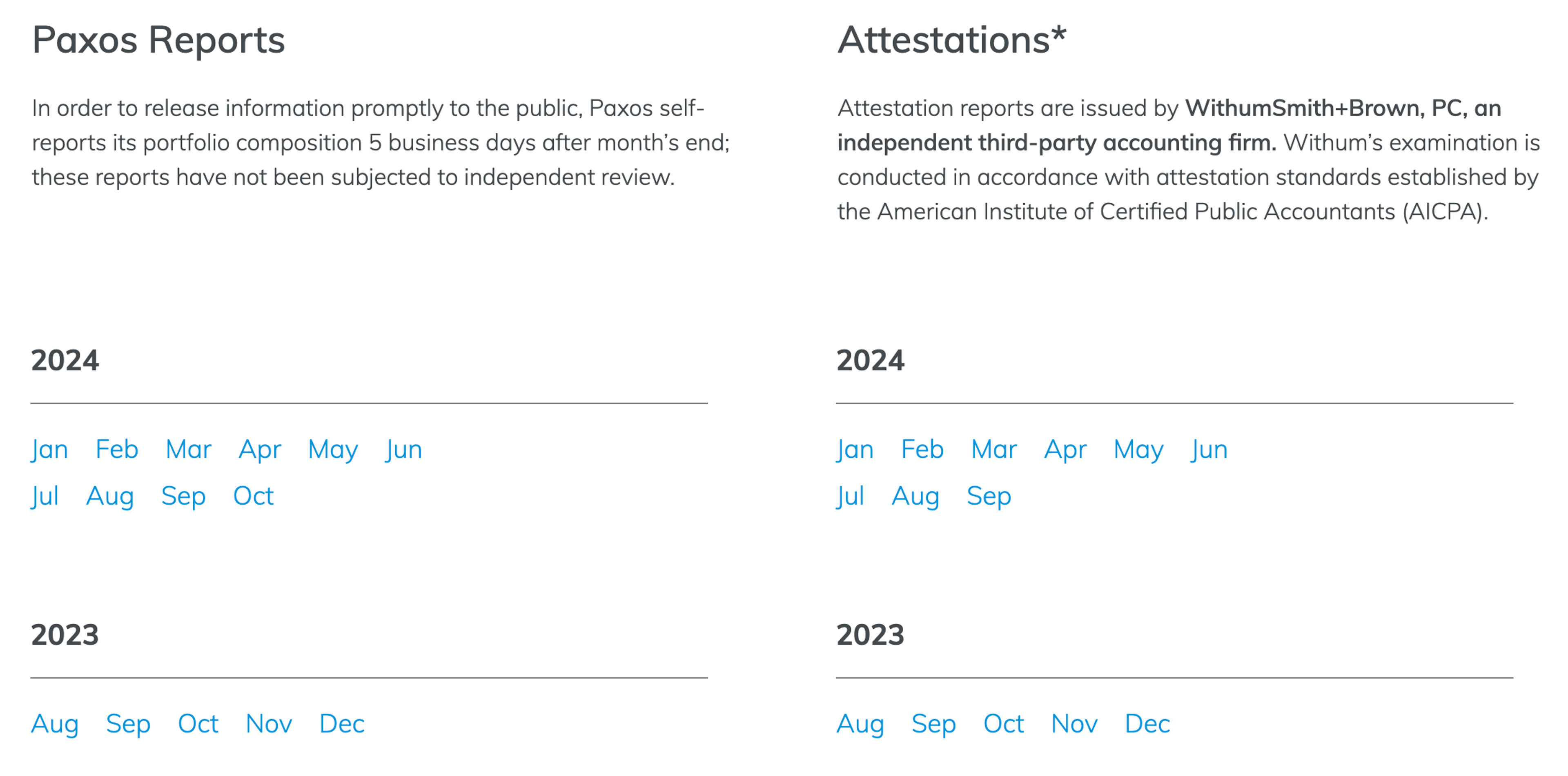 A screenshot of Paxos Trust Company attestations