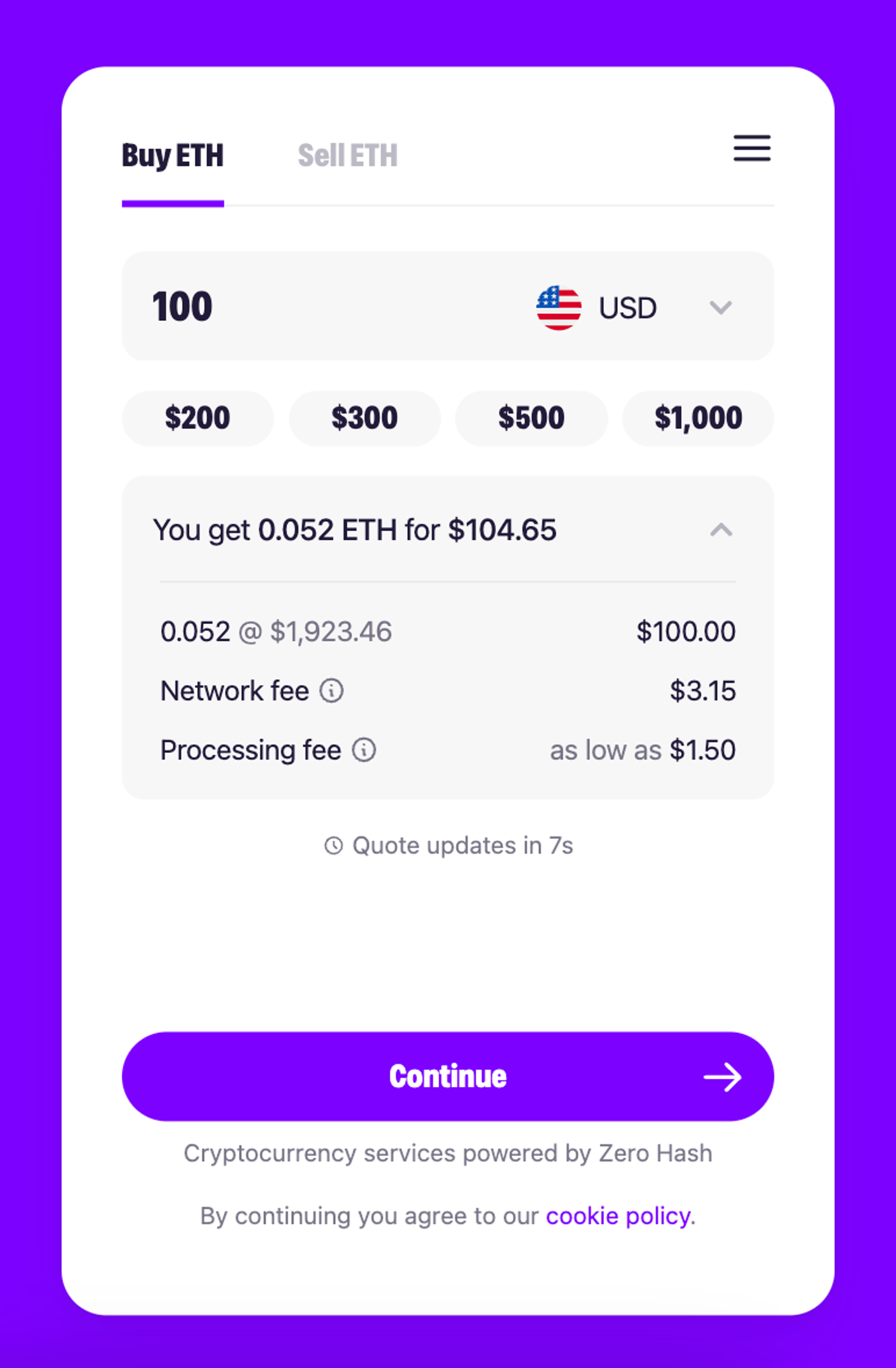 A screenshot of MoonPay's widget to buy ETH with a credit card.