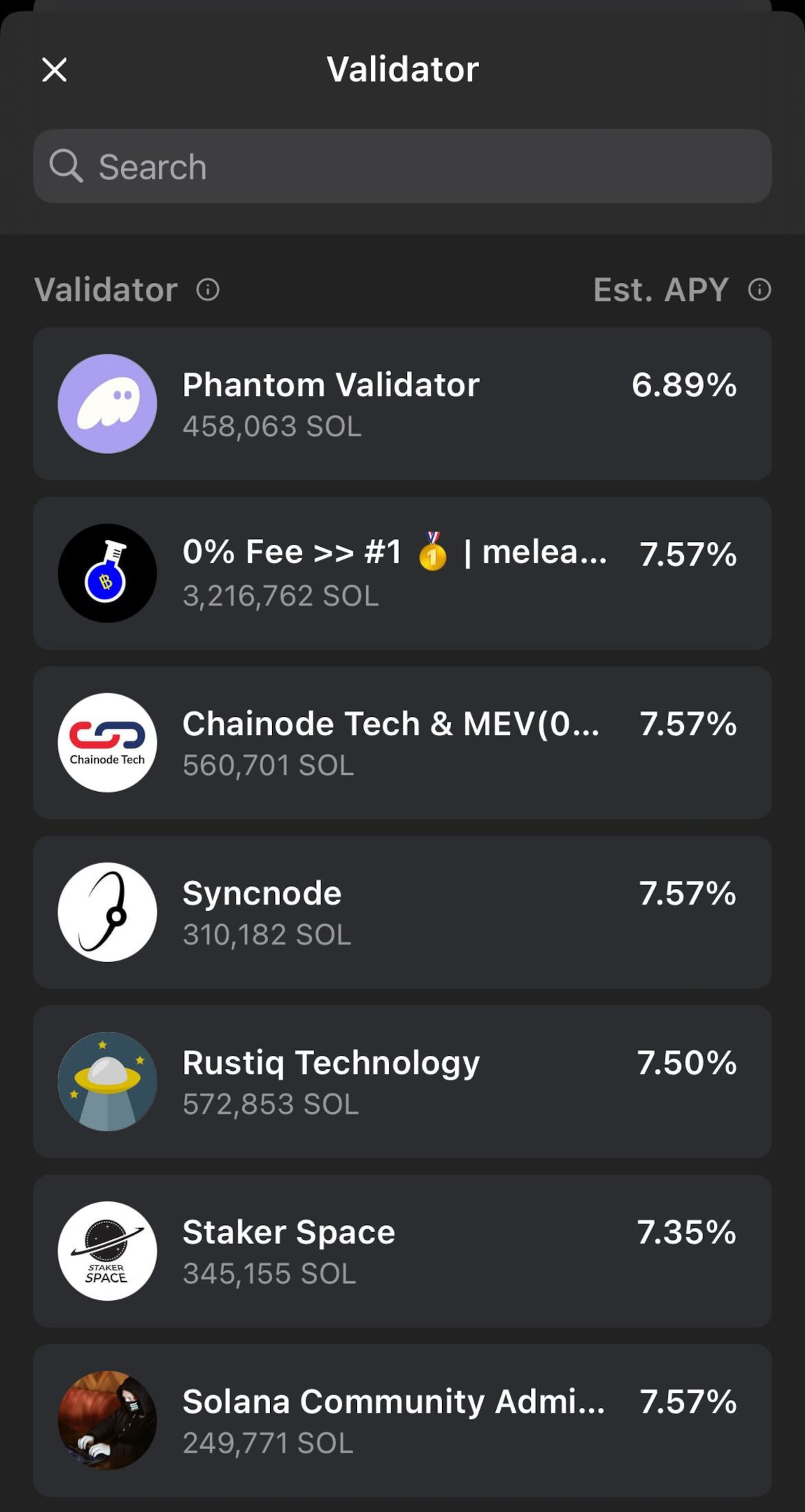 A screenshot in Phantom wallet to view validator nodes for staking SOL