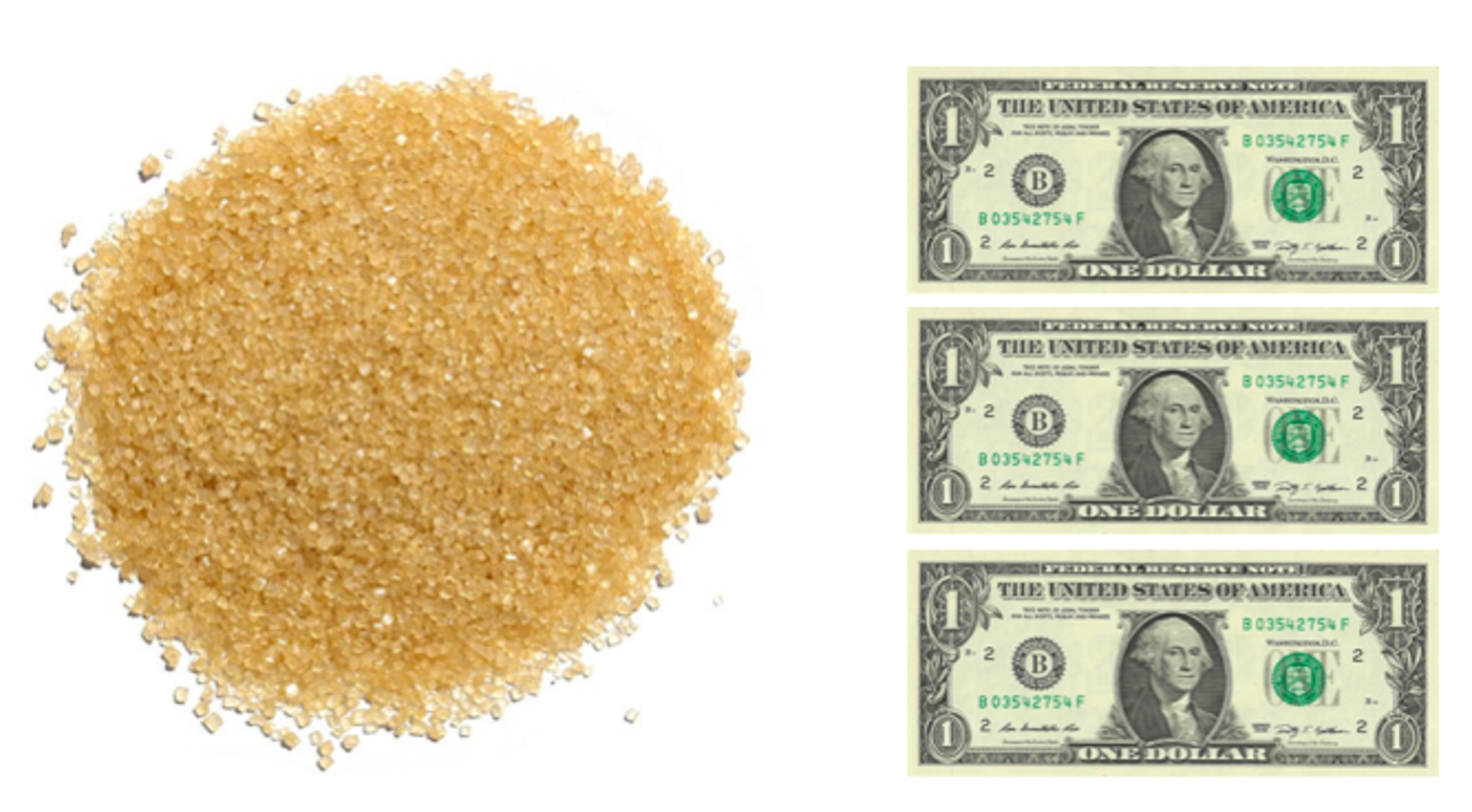 A picture of raw sugar and U.S. dollars.