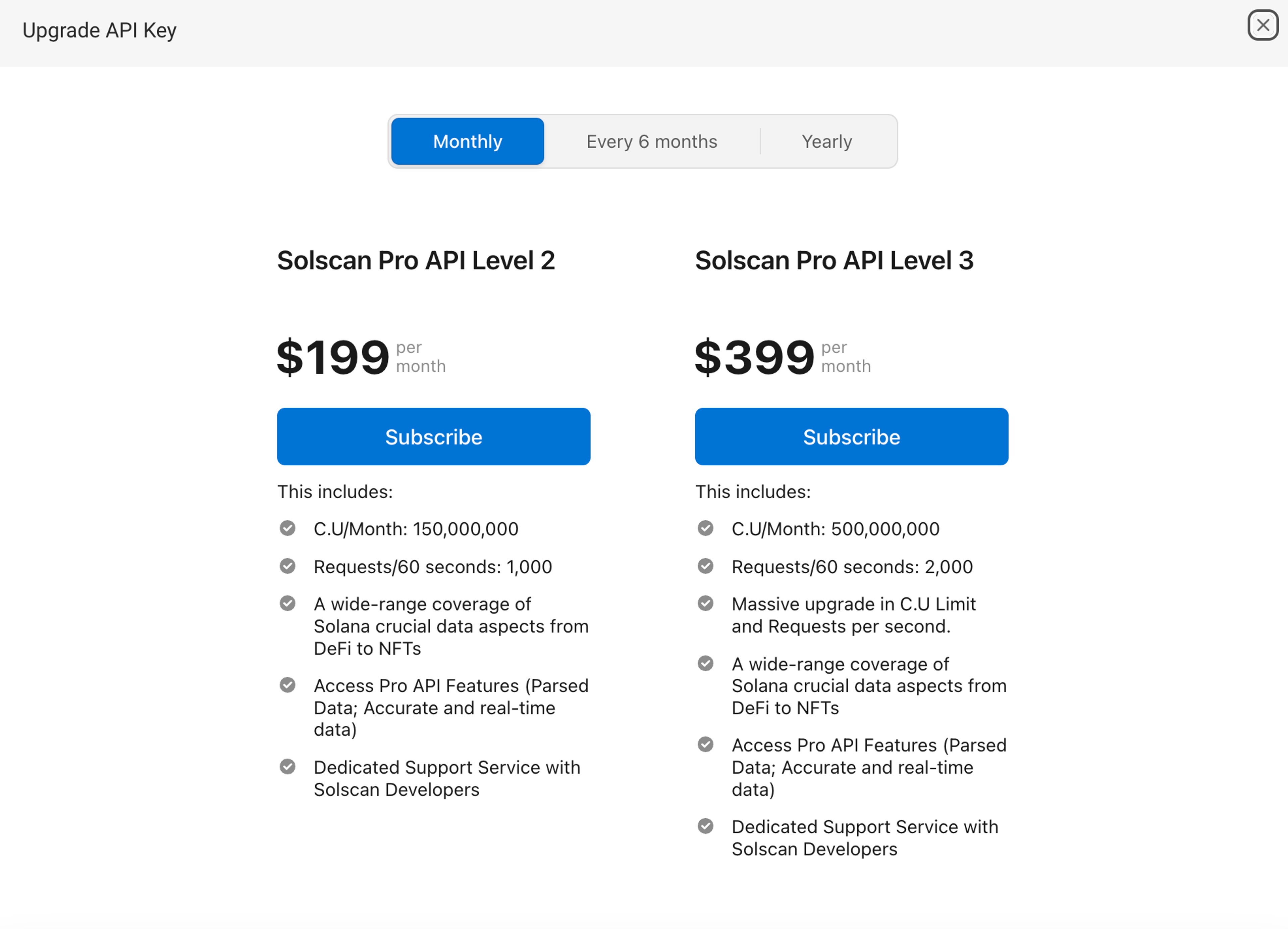 The screen to purchase advanced API management on SolScan.