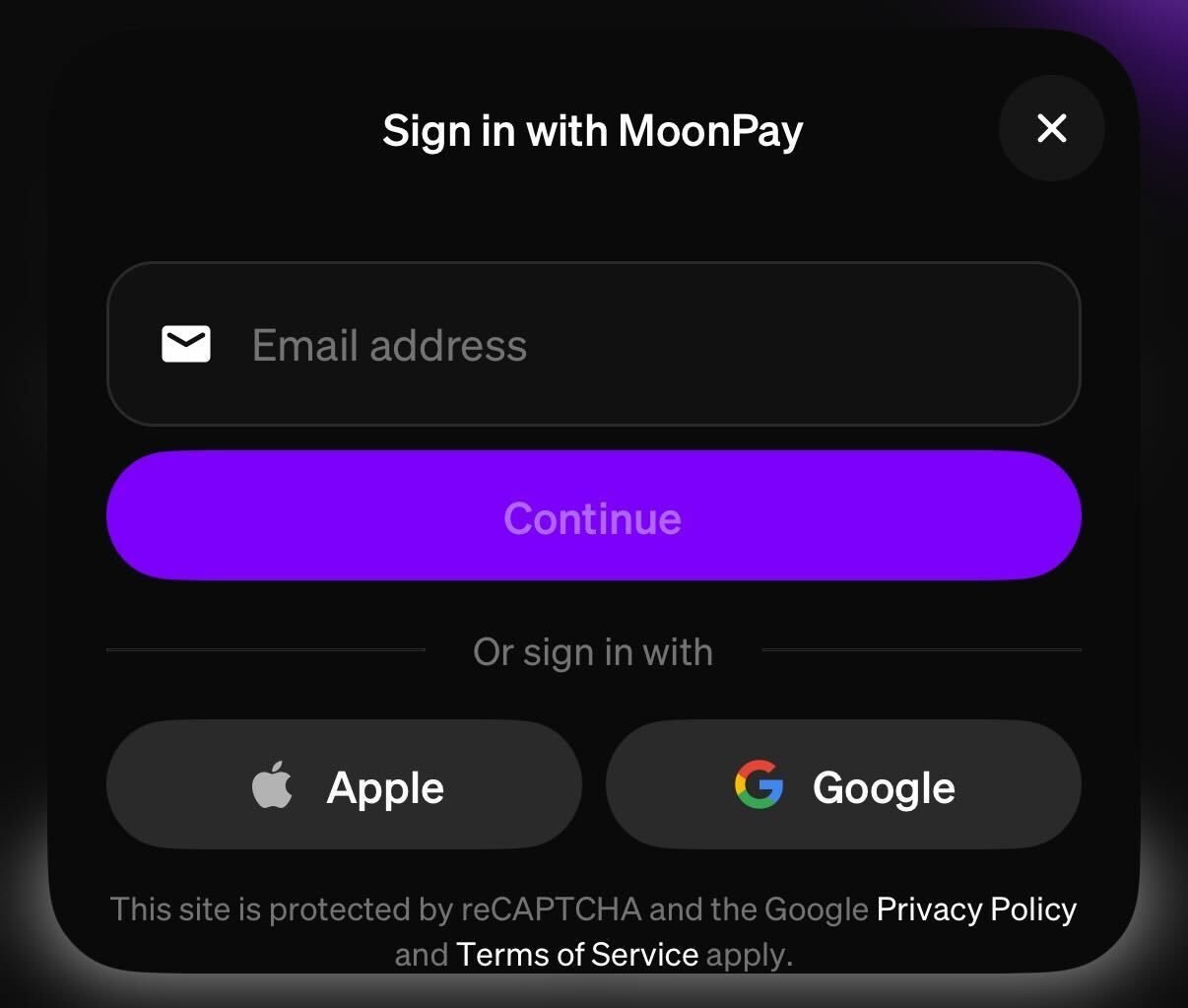 A screenshot showing the sign in options in the MoonPay app