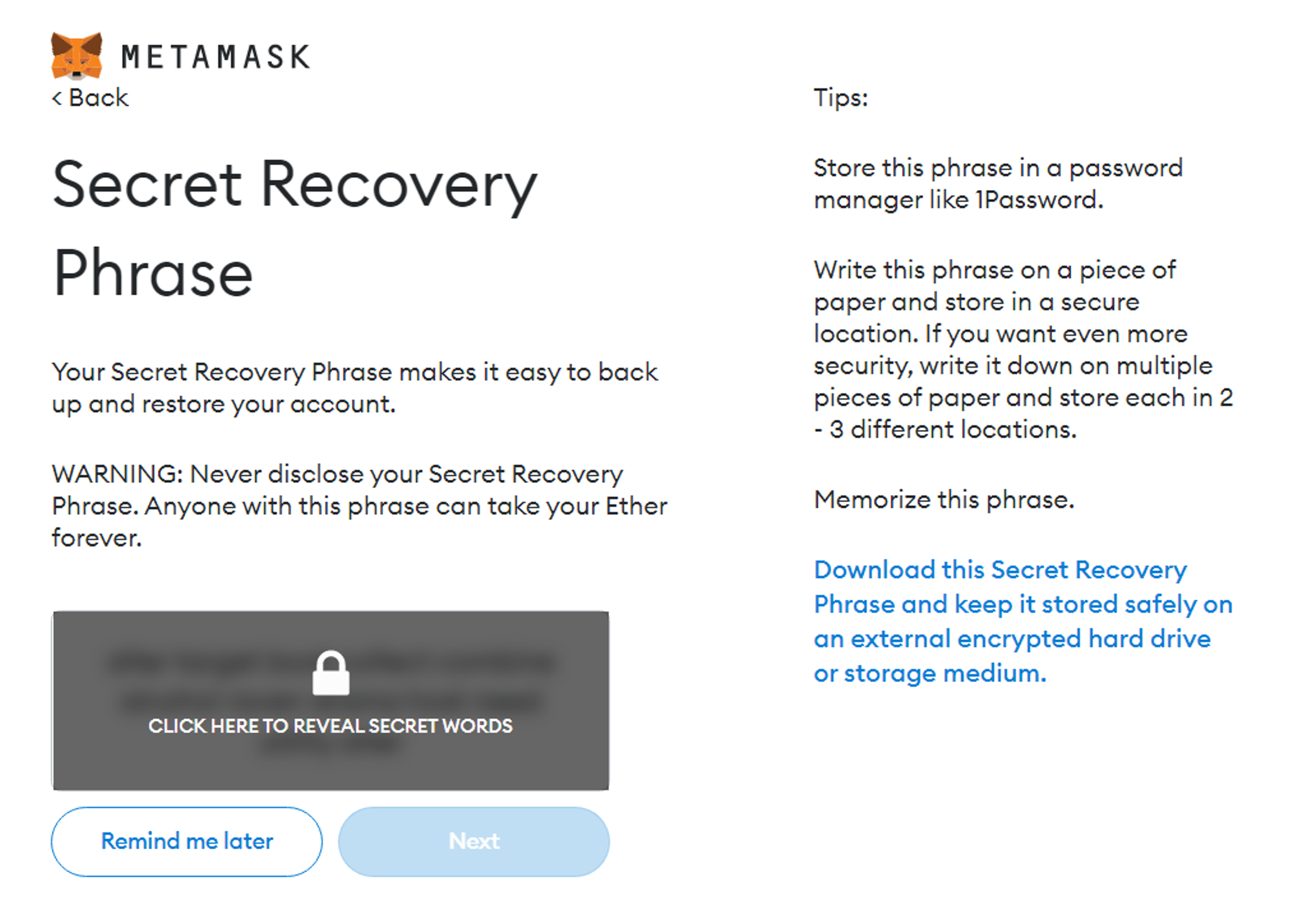 MetaMask secret recovery screenshot