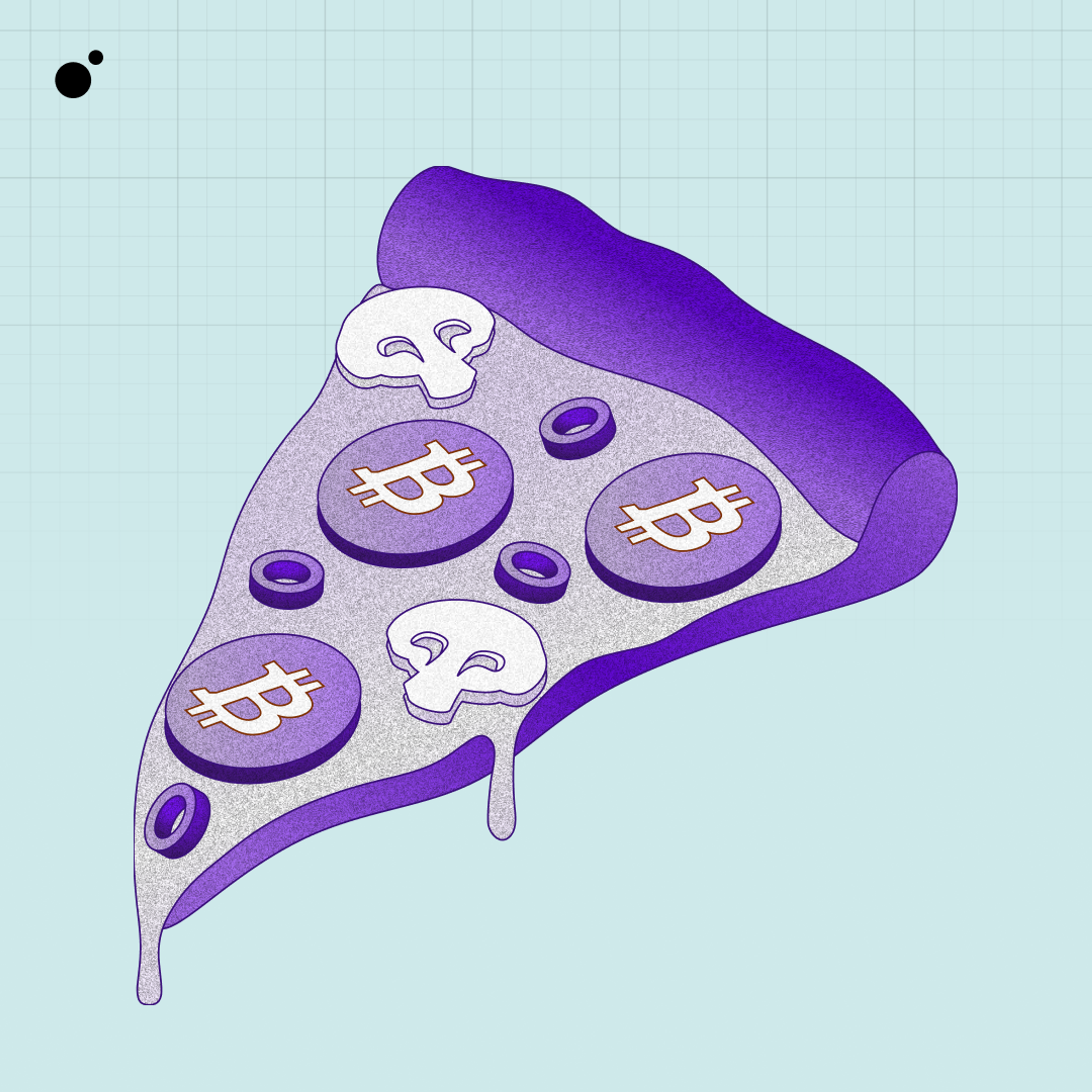 An image of a pizza with Bitcoin logos as pepperoini