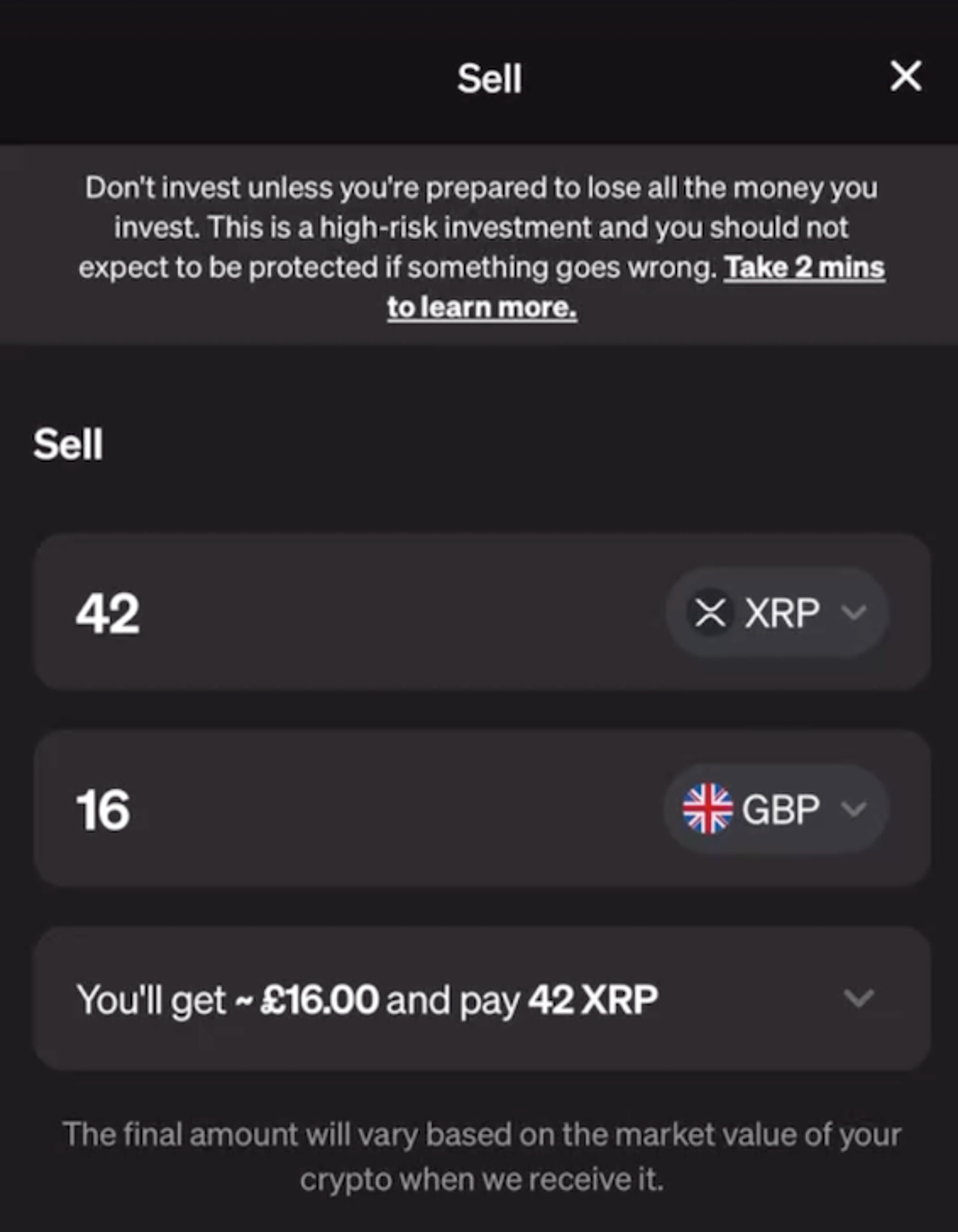 A screenshot showing a MoonPay transaction to sell XRP for GBP