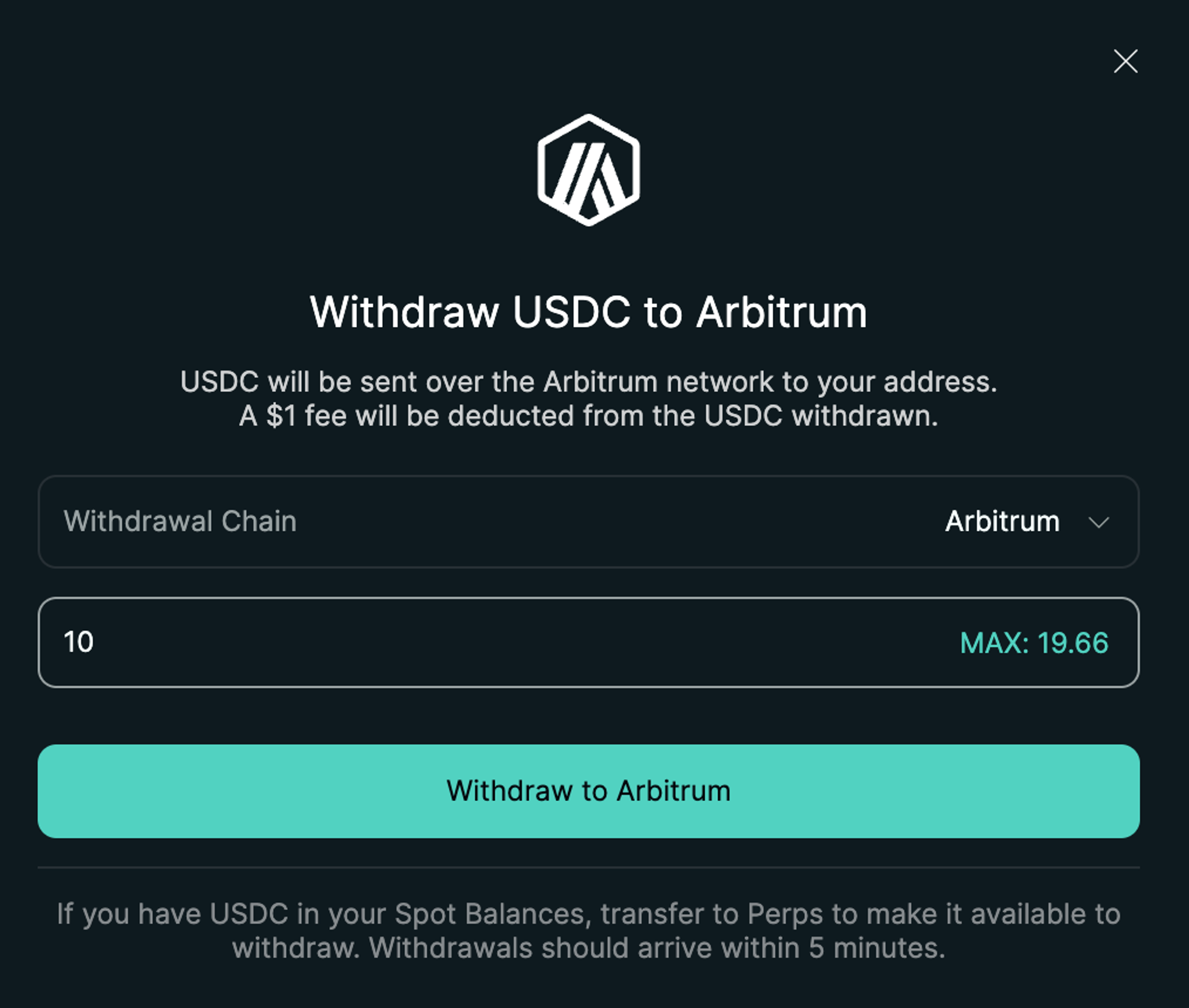 A screenshot to withdraw from Hyperliquid