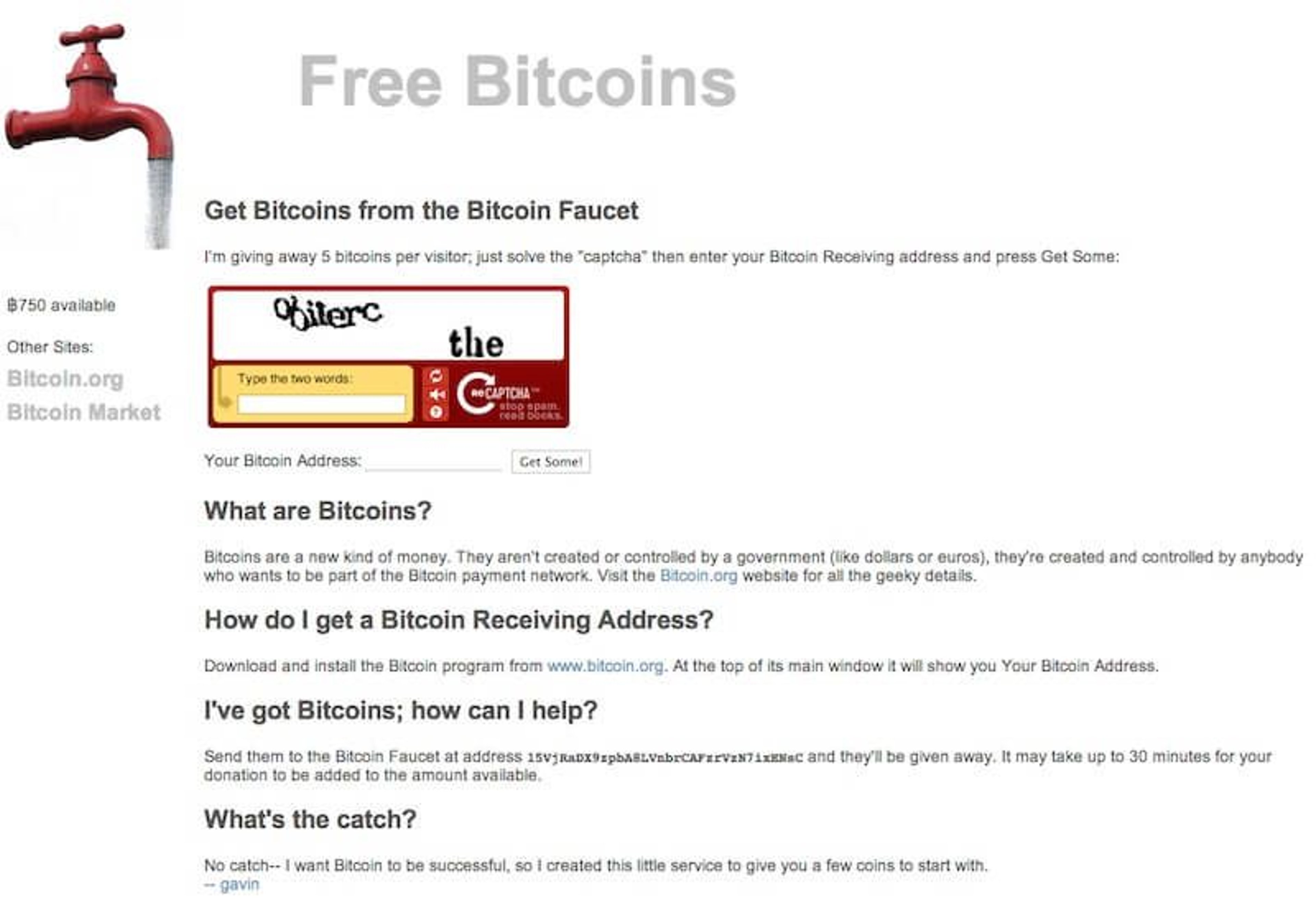 A screenshot of a Bitcoin faucet homepage.