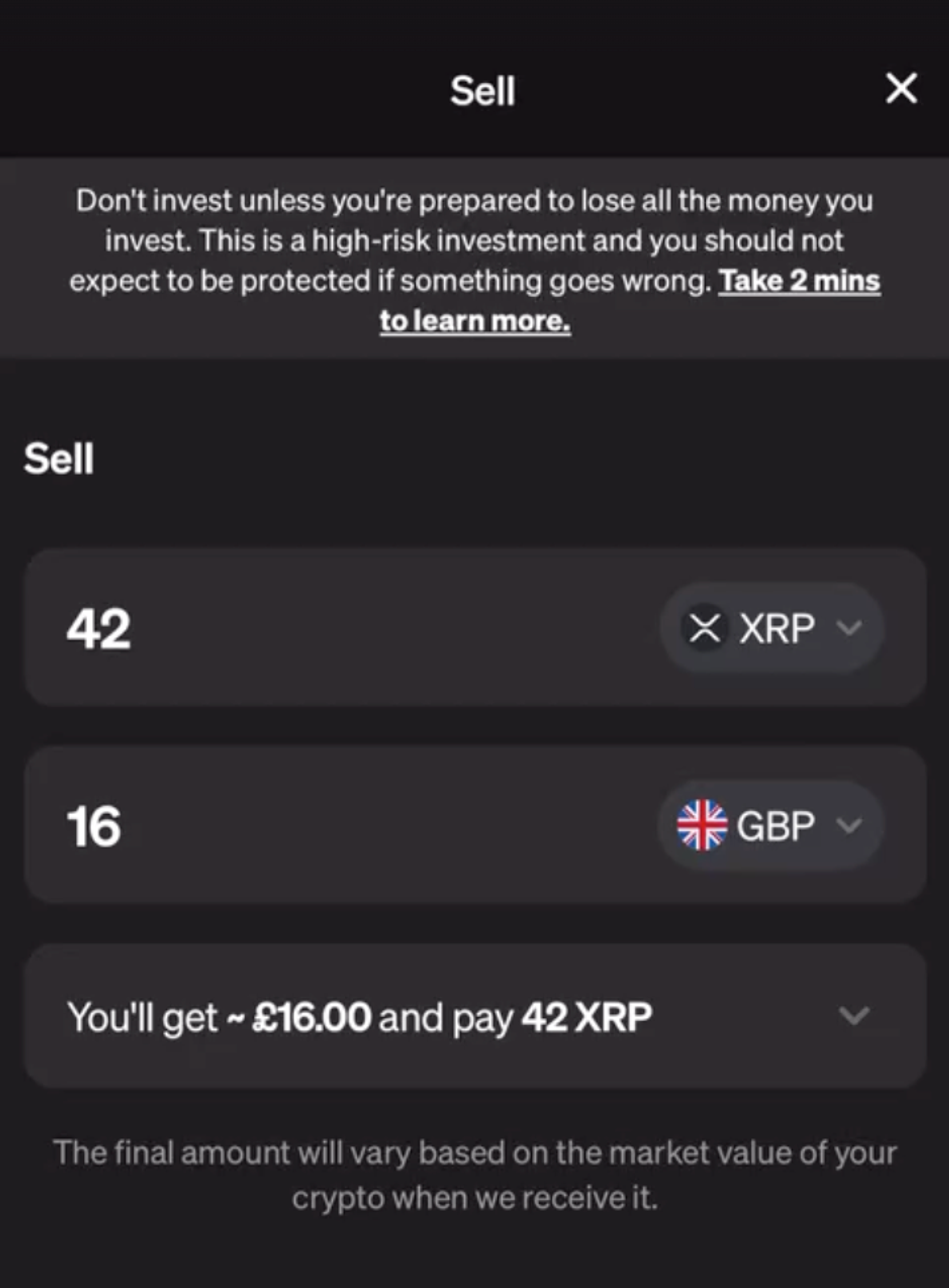 A screenshot of an XRP sell transaction in the MoonPay app
