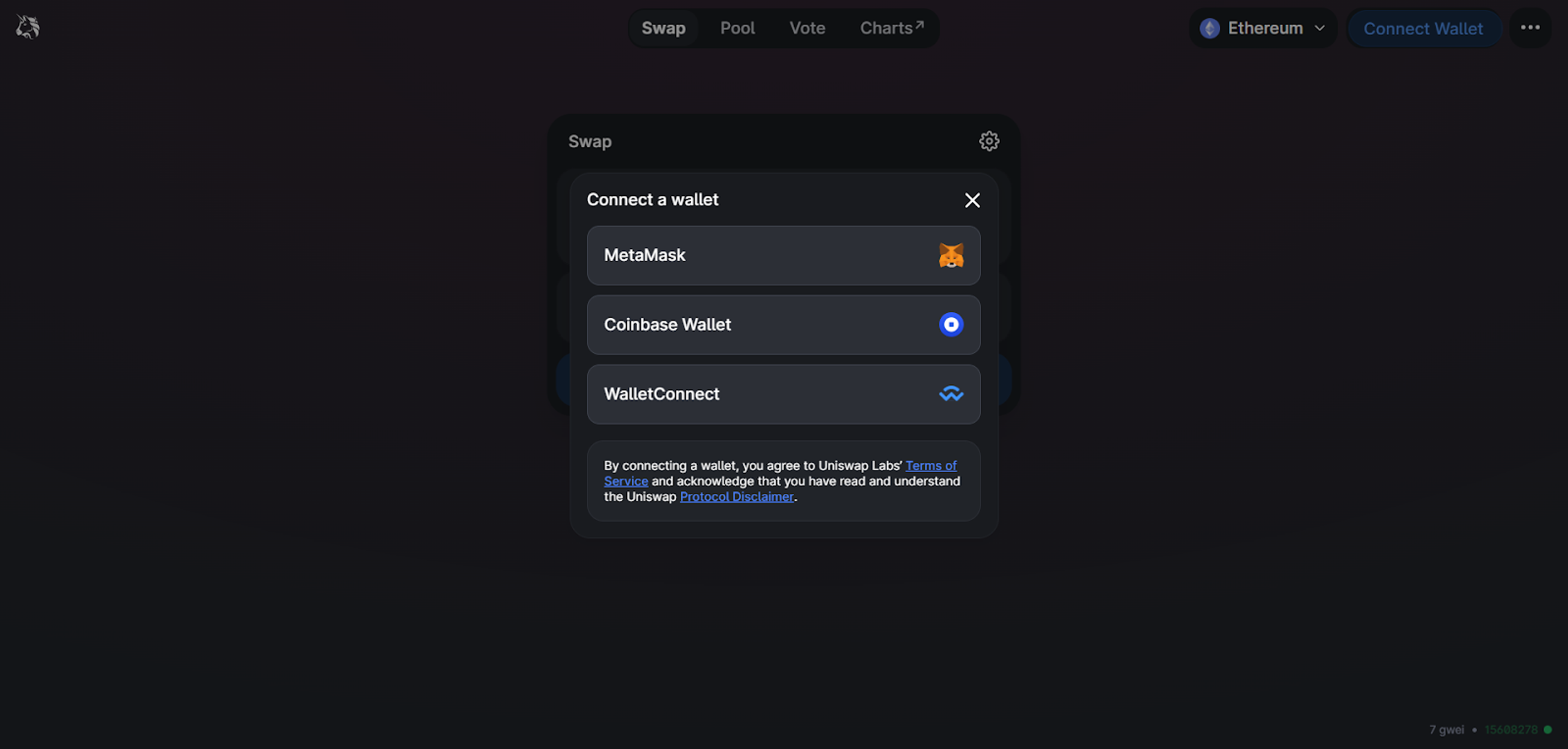 A screenshot showing how you should connect your wallet to Uniswap.