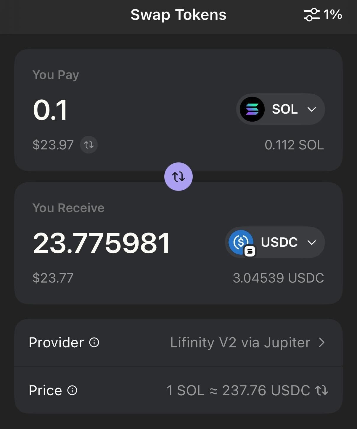 A screenshot of swapping SOL for USDC
