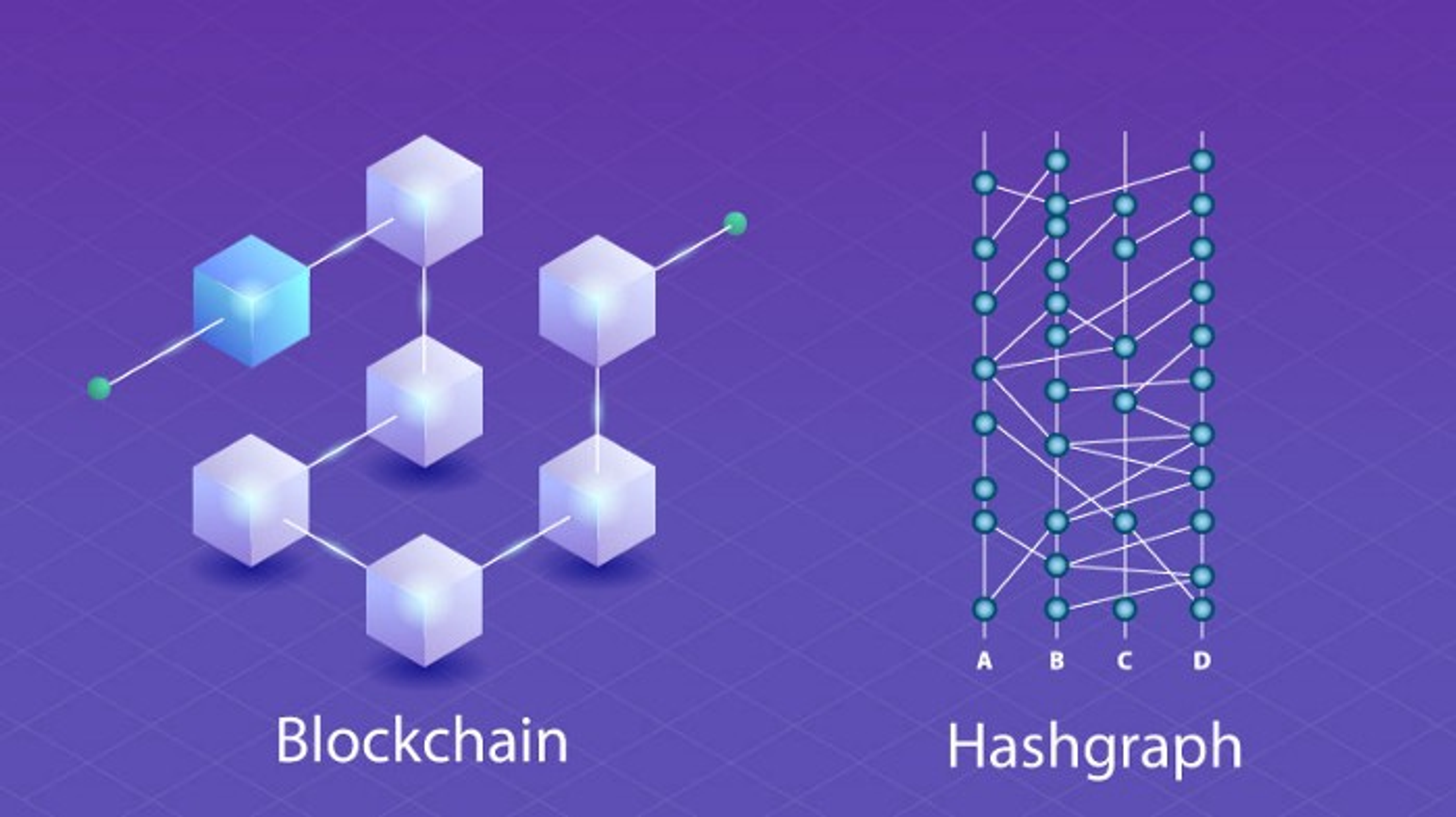 An illustration showing the difference between blockchain and hashgraph.