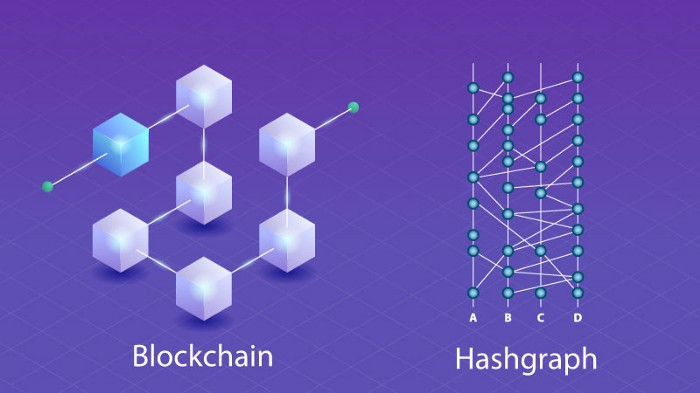 An illustration showing the difference between blockchain and hashgraph.