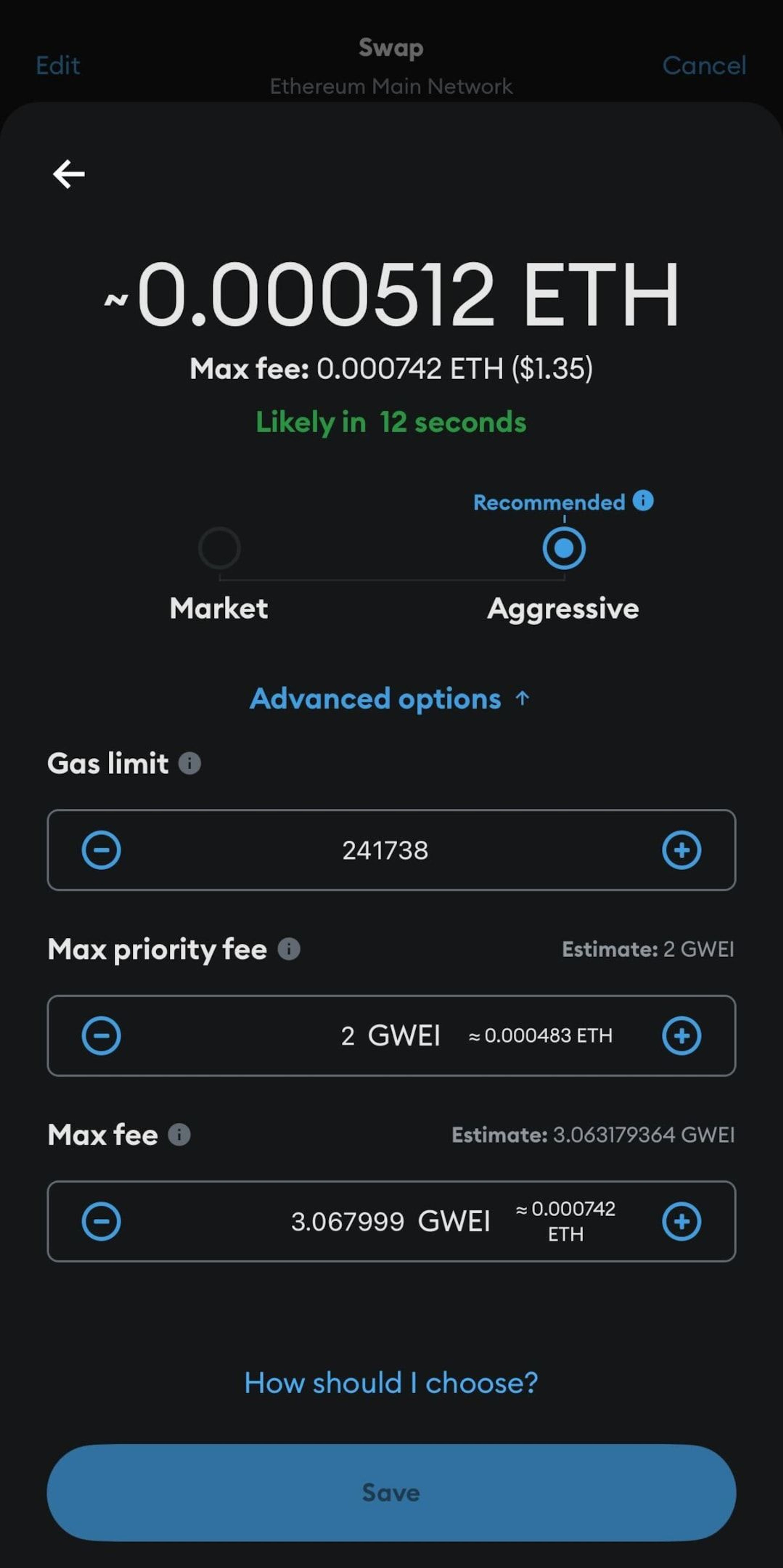 A screenshot of a MetaMask wallet showing gas fee settings when sending Ether (ETH)