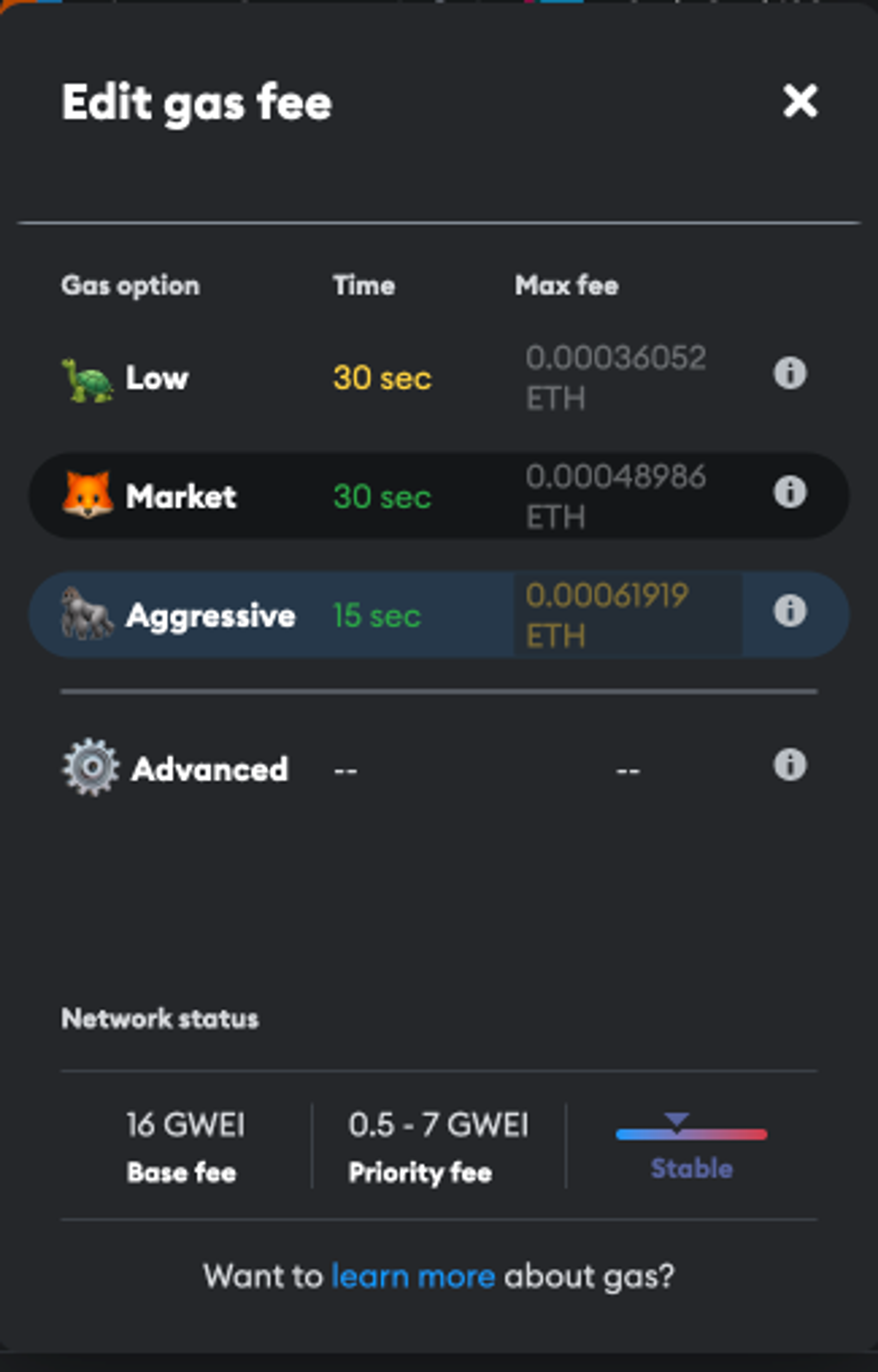 A MetaMask screenshot displaying gas fee details for an ETH transfer.