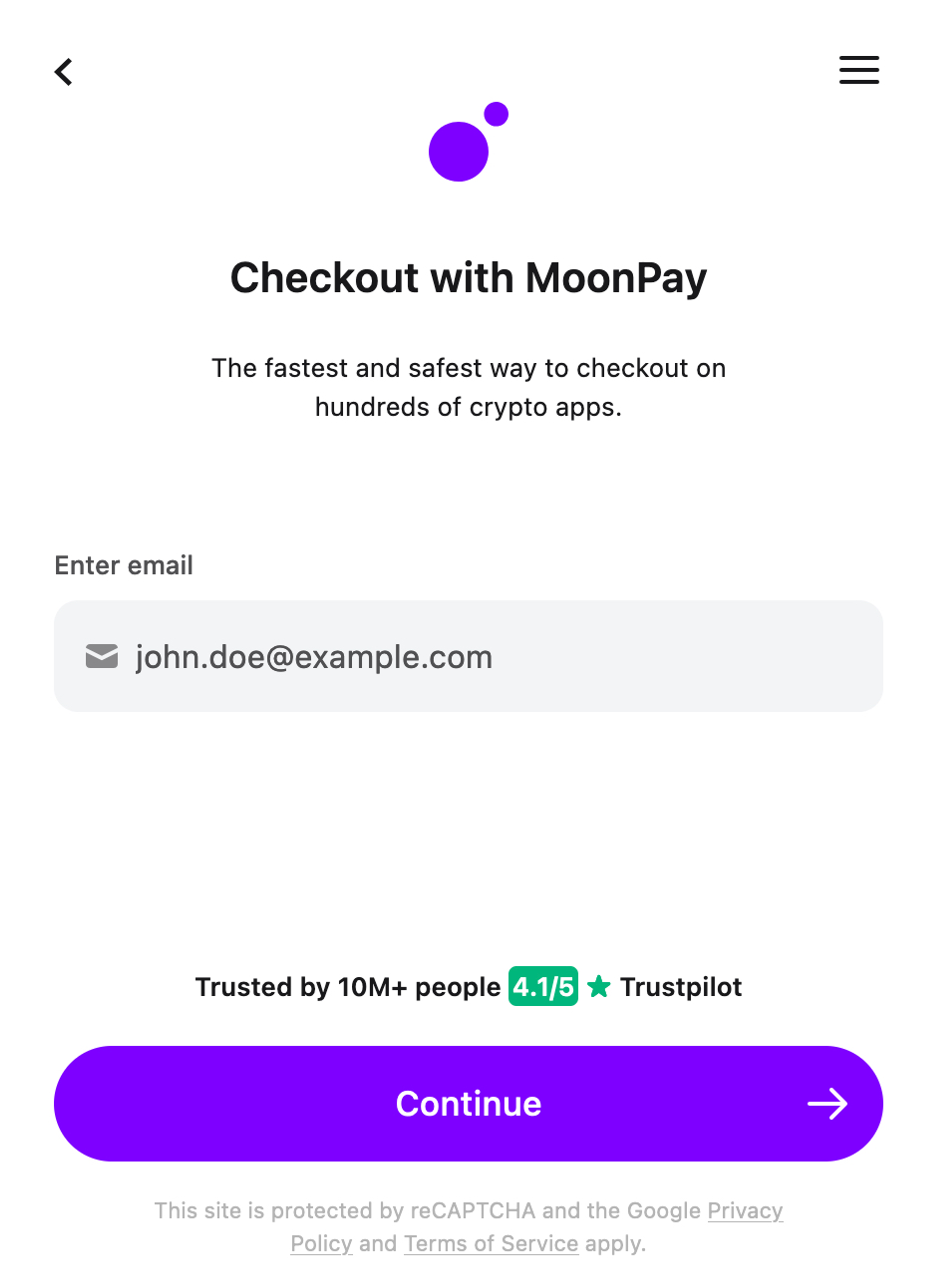 Trust Wallet Checkout with MoonPay screen